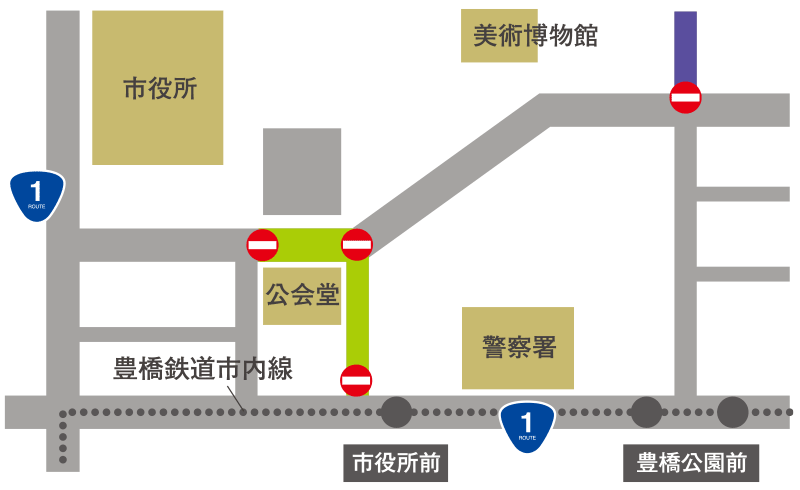 豊橋公園エリアの交通規制マップ